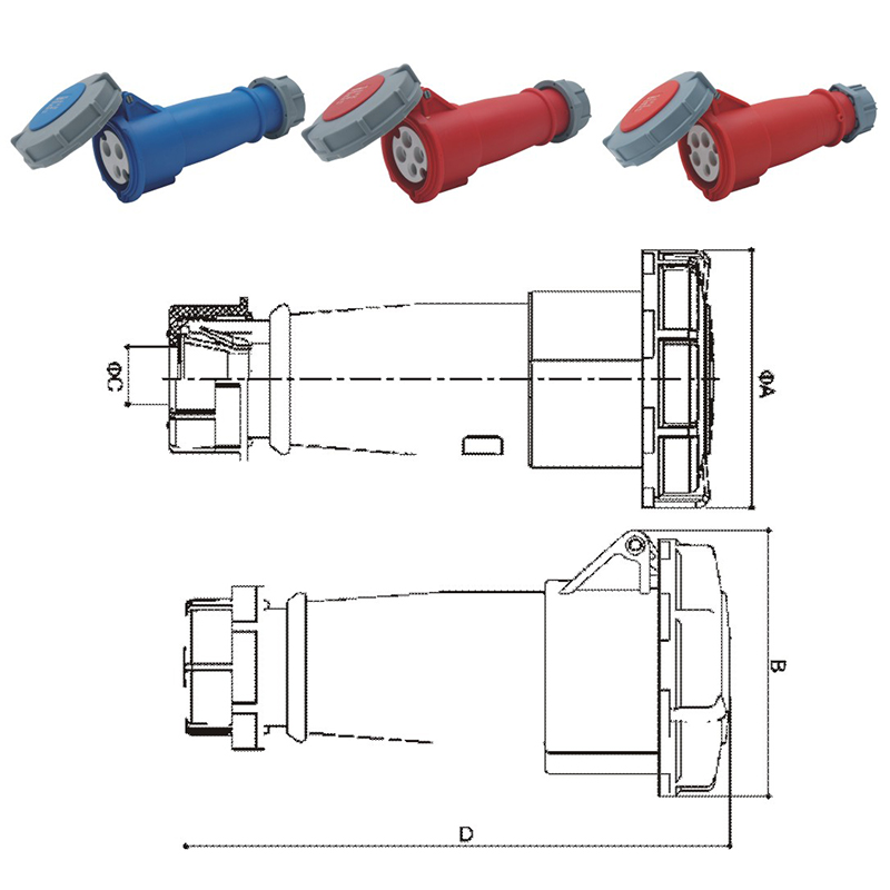 PHLTD High Current IP67 Waterproof Industrial Plug and Socket Connector (3-Core, 4-Core, 5-Core, 16A/32A), Aviation Male and Female Connector Size Diagram