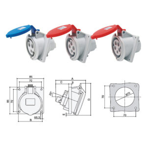 PHLTD防水电源工业嵌入式角插座，有3芯、4芯、5芯、16A/32A三种规格，附尺寸图